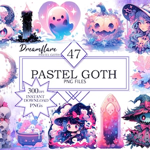 Pastel Goth Clipart PNG Bundle, Pastel Halloween Clipart, Goth PNG, Kawaii Anime PNG, Spooky Pastel Goth Witch Clipart, Sublimation Skulls