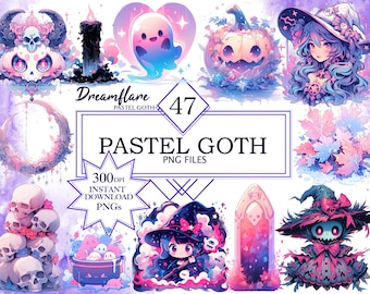 Pastel Goth Clipart PNG Bundle, Pastel Halloween Clipart, Goth PNG, Kawaii Anime PNG, Spooky Pastel Goth Witch Clipart, Sublimation Skulls