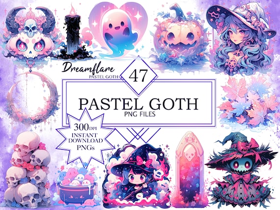 Pastel Goth Clipart PNG Bundle, Pastel Halloween Clipart, Goth PNG, Kawaii Anime PNG, Spooky Pastel Goth Witch Clipart, Sublimation Skulls