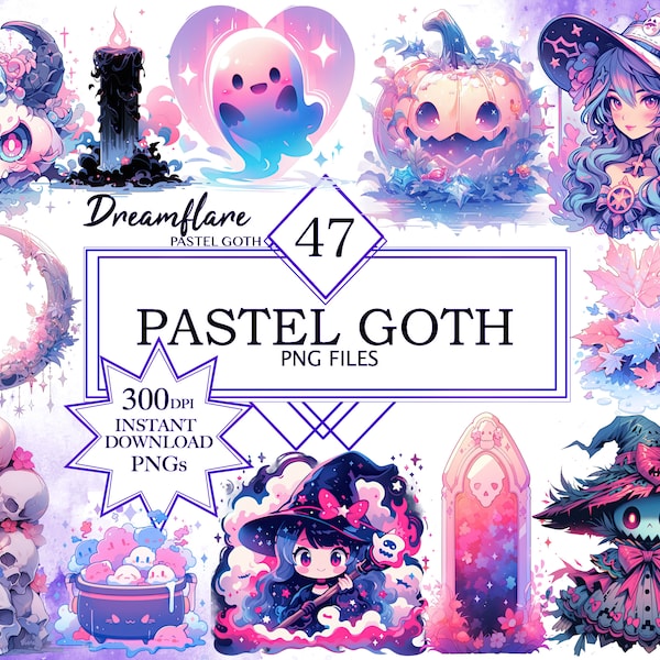 Pastel Goth Clipart PNG Bundle, Pastel Halloween Clipart, Goth PNG, Kawaii Anime PNG, Spooky Pastel Goth Witch Clipart, Sublimation Skulls