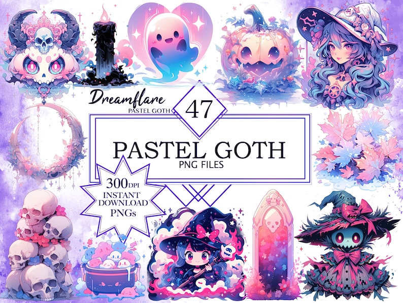 Puede incluir: Un conjunto de 47 ilustraciones digitales g&oacute;ticas pastel, que incluyen una calavera, una calabaza, una bruja, un fantasma, un caldero y una luna. Las ilustraciones est&aacute;n en una paleta de colores pastel suave y presentan dise&ntilde;os lindos y caprichosos.