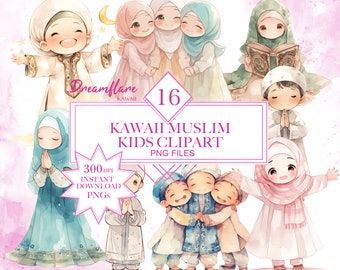 Watercolor Cute Muslim Kids Clipart Bundle, Islam PNG, Kawaii Clipart, Kids PNG Designs, Scrapbooking, Digital Download, Commercial Use