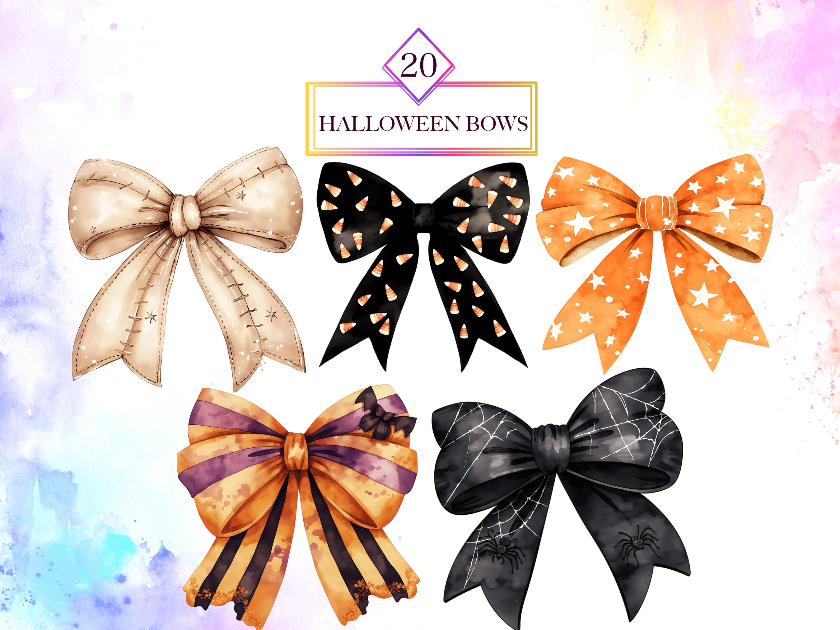Watercolor Halloween Bows Clipart Bundle, Halloween Bow PNG, Watercolor ...