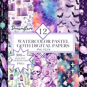 Watercolor Pastel Goth Digital Papers PNG Bundle, Halloween Digital Papers, Spooky And Cute Seamless Pattern, Fantasy Gothic Digital Papers