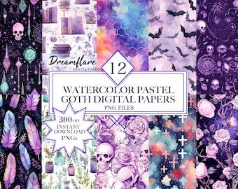 Watercolor Pastel Goth Digital Papers PNG Bundle, Halloween Digital Papers, Spooky And Cute Seamless Pattern, Fantasy Gothic Digital Papers