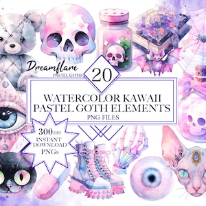Dreamflare Pastel Goth 
20 Watercolor Kawaii Pastel Goth Elements 300 DPI Instant Download PNG Files