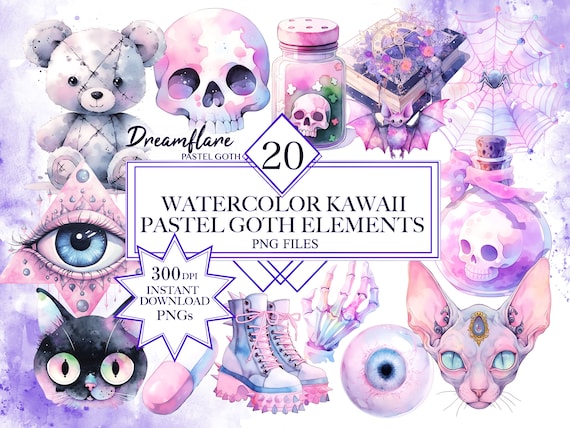 Watercolor Pastel Goth Elements PNG Bundle, Kawaii Pastel Goth Clipart, Creepy Cute Clipart, Fantasy Clipart, Creepy Cute Pastel Goth PNG