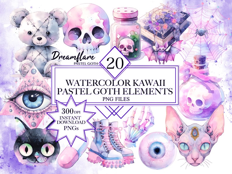 Dreamflare Pastel Goth 
20 Watercolor Kawaii Pastel Goth Elements 300 DPI Instant Download PNG Files