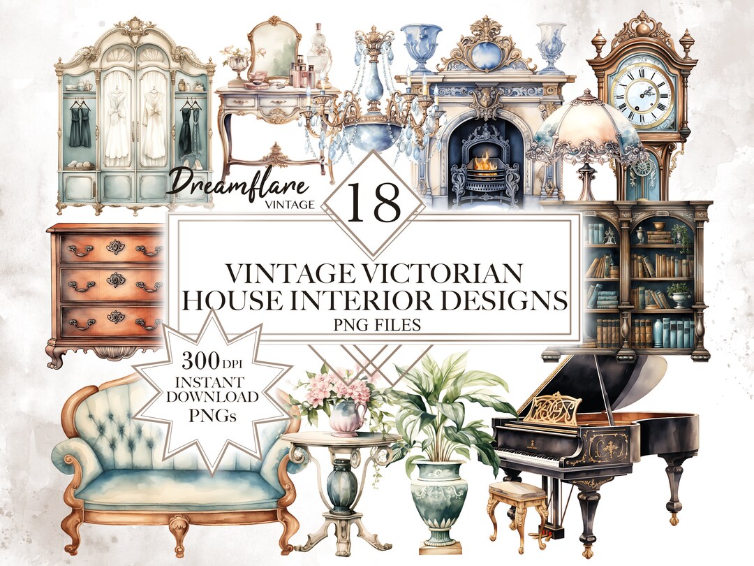 Watercolor Vintage House Interior PNG Bundle, Victorian House PNG, Junk ...