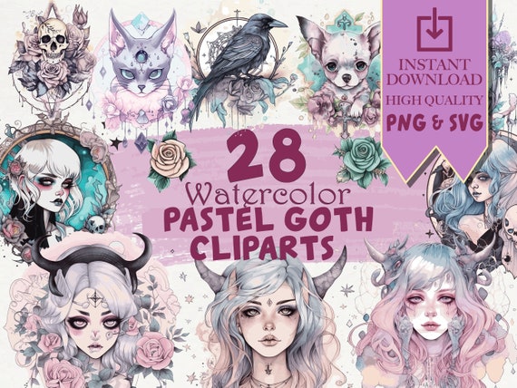 Watercolor Pastel Goth Clipart, Digital Creepy Cute PNG SVG, Kawaii Anime SVG, Gothic Horror Bundle, Magic Spooky Art, Watercolor Art Prints