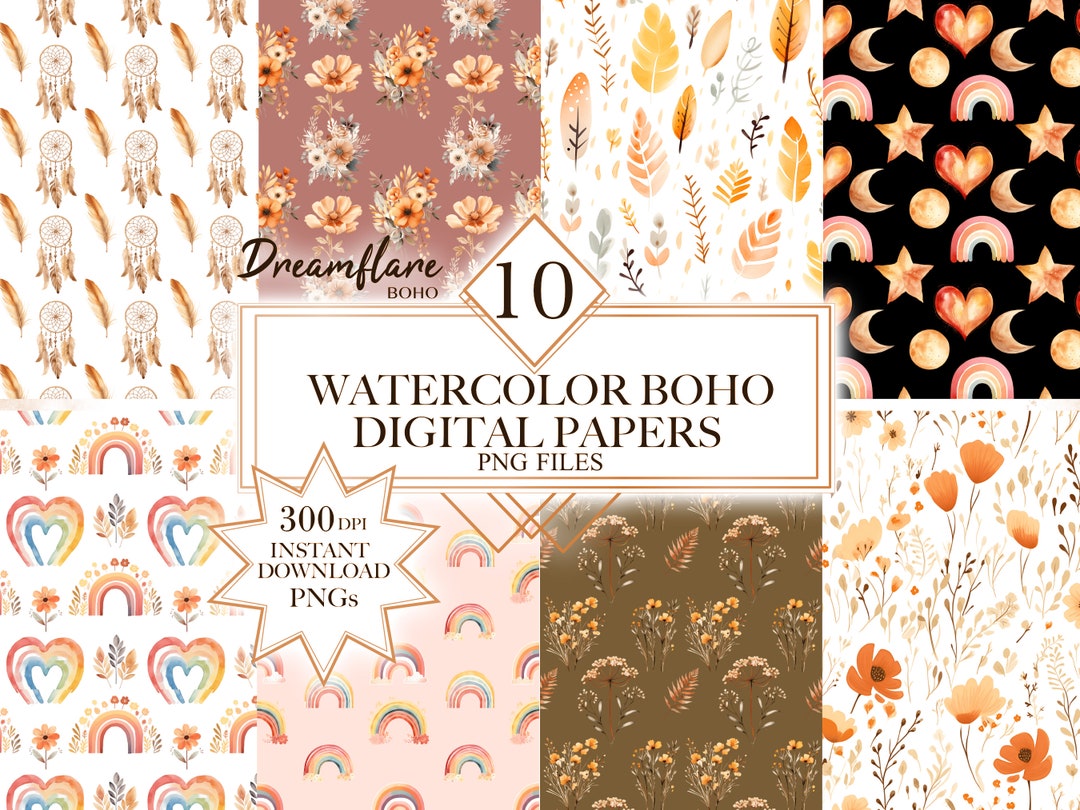 Watercolor Boho Digital Papers PNG Bundle, Watercolor Boho Patterns ...