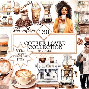 Clipart caffè, clipart collezione amante del caffè acquerello, pacchetto definitivo, clipart amante della caffeina, file stampabile digitale, uso commerciale