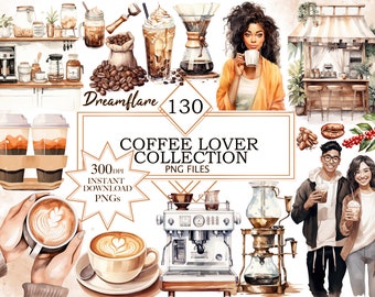 Coffee Clipart, Watercolor Coffee Lover Collection Clipart, Ultimate Bundle, Caffeine Lover Clipart, Digital Printable File, Commercial Use