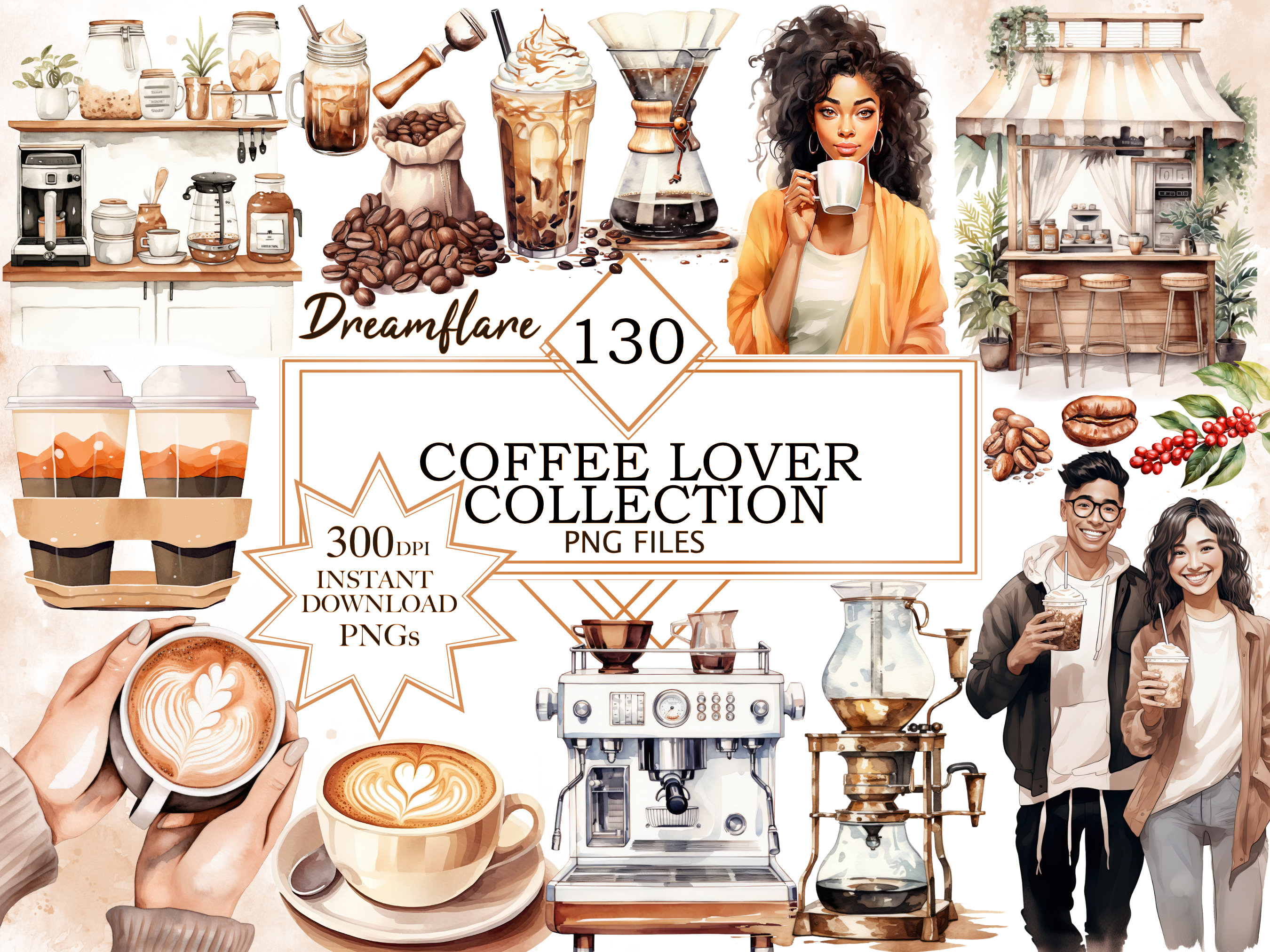 Coffee Lover Hand Drawn Digital Clipart Set of 20 Coffee, Latte, Donuts,  Coffee Beans Instant Download 9160 