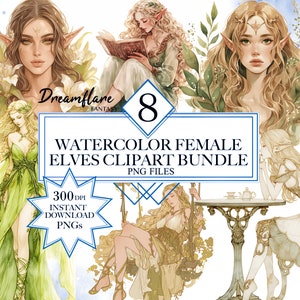 Watercolor Elf Princess Clipart Bundle, Elf PNG, Cottagecore Clipart, Fantasy PNG, Scrapbooking, Digital Printable File, Commercial Use