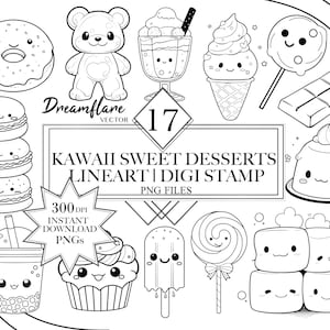 Kawaii Desserts Lineart PNG Bundle, Kawaii Foodie Clipart Bundle, Cute Digi Stamp, Lineart Clipart, Digital Printable File, Commercial Use