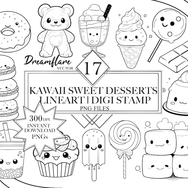 Kawaii Desserts Lineart PNG Bundle, Kawaii Foodie Clipart Bundle, Cute Digi Stamp, Lineart Clipart, Digital Printable File, Commercial Use