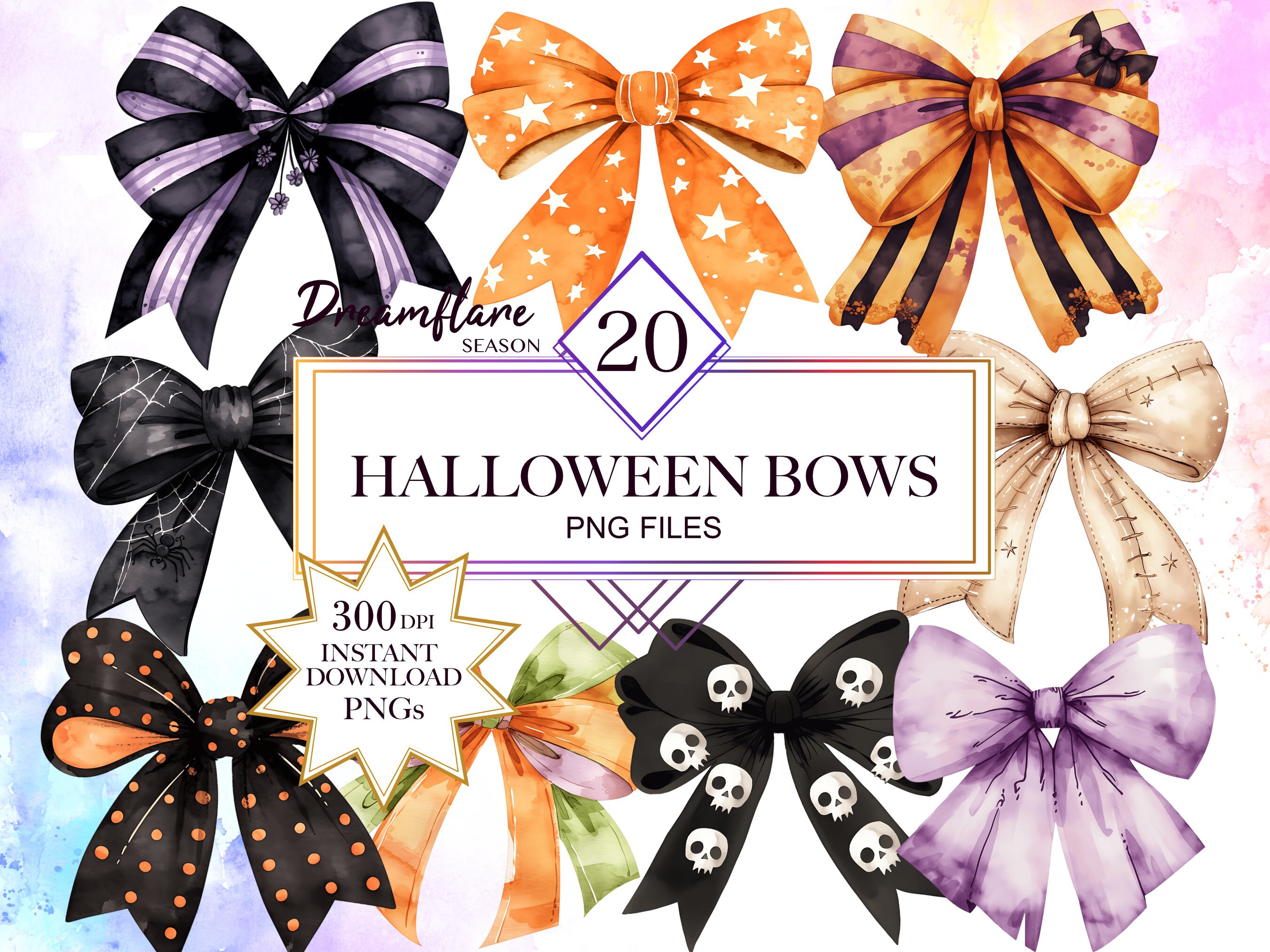 Watercolor Halloween Bows Clipart Bundle, Halloween Bow PNG, Watercolor ...