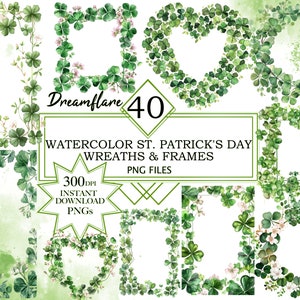 Puede incluir: Colección de coronas y marcos de acuarela del Día de San Patricio con tréboles verdes y flores blancas. Los diseños incluyen formas de corazón y cuadradas. La imagen incluye el texto "Dreamflare 40" y "Watercolor St. Patrick's Day Wreaths & Frames PNG Files".