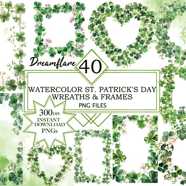 40 Watercolor St. Patrick's Day Wreaths And Frames Bundle Clipart, Shamrock Wreath PNG, Shamrock Clipart, Clover Leaf PNG, Commercial Use