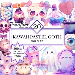 Watercolor Kawaii Pastel Goth Elements Clipart Bundle, Pastel Goth PNG, Creepy Cute Clipart, Fantasy PNG, Digital Download, Commercial Use