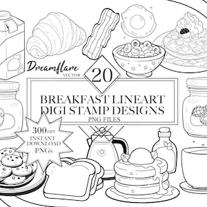 Pacchetto PNG Lineart di alimenti per la colazione, Clipart di alimenti Kawaii, Timbro digitale, Clipart Lineart, Doodle PNG, File stampabile digitale, Uso commerciale