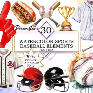 Könnte beinhalten: Aquarell-Illustrationen von Baseballelementen, darunter ein Baseball, ein Schläger, ein Handschuh, ein Trikot, eine Trophäe, ein Hotdog und ein Zeigefinger mit der Nummer eins. Der Text "Dreamflare 30 Watercolor Sports Baseball Elements PNG Files" ist ebenfalls enthalten.