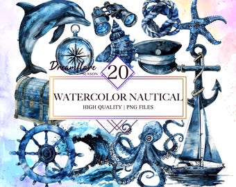 Watercolor Nautical Clipart Bundle, Watercolor Nautical PNG, Sea Animals PNG, Navy Captain Coastal Clipart, Digital Download, Commercial Use