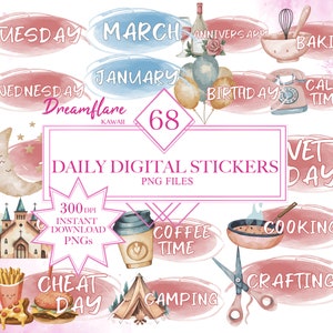 Kawaii Daily Digital Stickers PNG Bundle, Planner Stickers, Goodnotes, Lifestyle Digital Stickers, Digital Icon Stickers, Planner Clipart