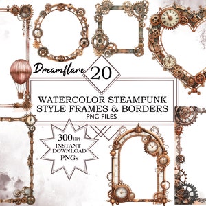Könnte beinhalten: Ein Set mit 20 Aquarell-Rahmen und -Bordüren im Steampunk-Stil. Die Rahmen bestehen aus Zahnrädern, Zahnrädern und anderen mechanischen Elementen. Die Rahmen sind perfekt, um Ihren Projekten einen Vintage- und Industriellook zu verleihen.