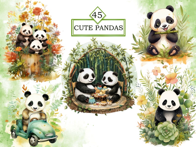 May include: A set of four digital illustrations featuring cute pandas in various settings. One panda is playing a flute, another is having tea with a friend, and two are sitting in a lush green forest.