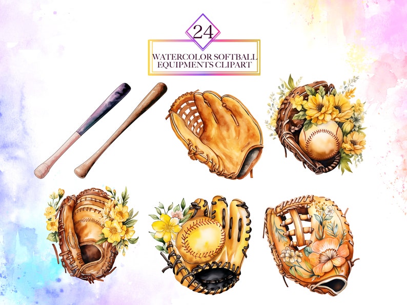 May include: 24 watercolor clipart images of softball equipment, including gloves, bats, and a ball. The gloves are decorated with flowers.