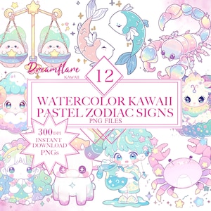 Akwarela słodkie znaki zodiaku clipartów pakiet, horoskop clipart, pastelowe kawaii, niebiańskie PNG, znaki zodiaku PNG, plik cyfrowy, użytek komercyjny