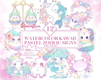 Pacote de clipart de signos do zodíaco fofo em aquarela, clipart de horóscopo, Kawaii pastel, PNG celestial, PNG de signos do zodíaco, arquivo digital, uso comercial