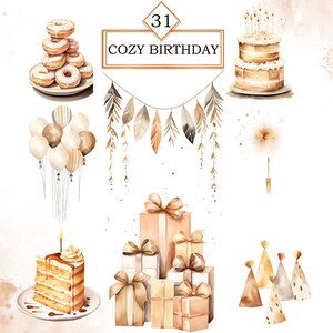 Pu&ograve; includere: Un'illustrazione ad acquerello di una festa di compleanno accogliente con una torta, ciambelle, palloncini, regali e cappelli da festa. L'illustrazione &egrave; in tonalit&agrave; di marrone e beige con accenti dorati. Il testo "31 Cozy Birthday" &egrave; scritto in una cornice dorata.