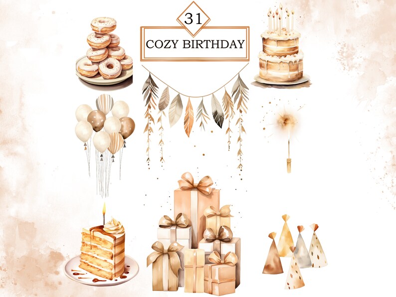 Pu&ograve; includere: Un'illustrazione ad acquerello di una festa di compleanno accogliente con una torta, ciambelle, palloncini, regali e cappelli da festa. L'illustrazione &egrave; in tonalit&agrave; di marrone e beige con accenti dorati. Il testo "31 Cozy Birthday" &egrave; scritto in una cornice dorata.