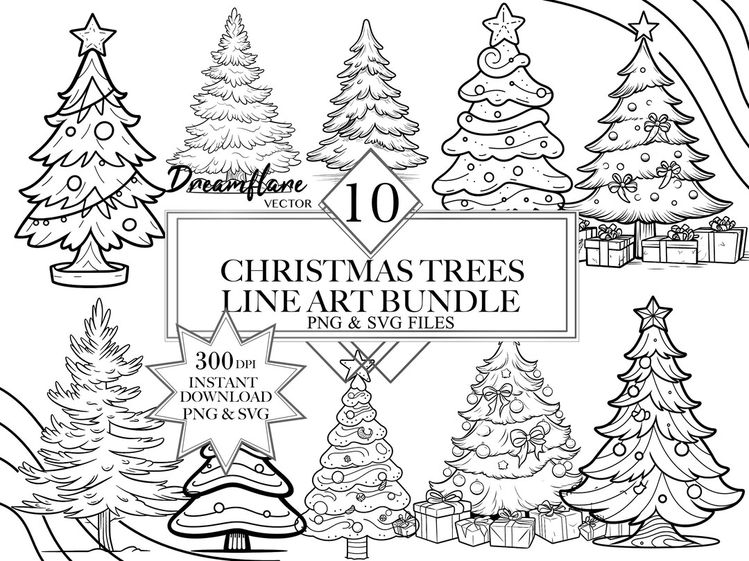 Christmas Trees Line Art PNG & SVG Bundle, Christmas Digi Stamp