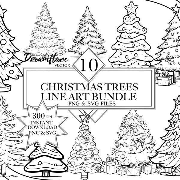 Christmas Trees Line Art PNG & SVG Bundle, Christmas Digi Stamp, Scrapbooking, Card Making, Digital Printable File, Commercial Use