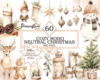 Przytulna świąteczna akwarela Boho clipart, przytulna Boho PNG, świąteczne cliparty, rustykalna przytulna grafika Boho, cyfrowy plik do druku, wykorzystanie komercyjne