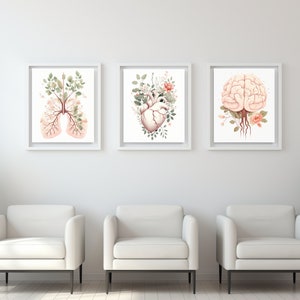 May include: Three framed illustrations of human organs, each with a floral design. The first illustration shows a pair of lungs with pink and green flowers. The second illustration shows a heart with pink and green flowers. The third illustration shows a brain with pink and green flowers.