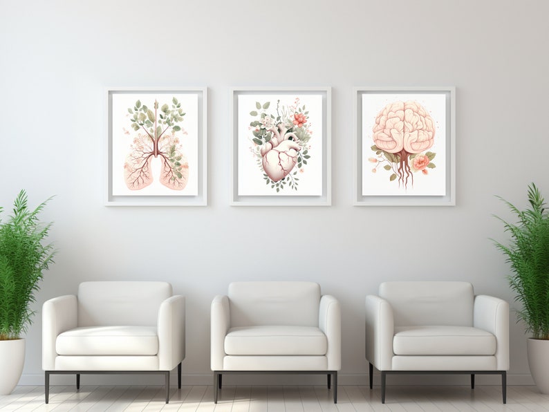 May include: Three framed illustrations of human organs, each with a floral design. The first illustration shows a pair of lungs with pink and green flowers. The second illustration shows a heart with pink and green flowers. The third illustration shows a brain with pink and green flowers.