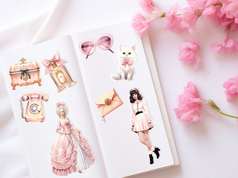 May include: A set of pink and white stickers featuring a vintage telephone, a perfume bottle, a jewelry box, a cat, a woman in a pink dress, a woman in a white dress, and a pink envelope.