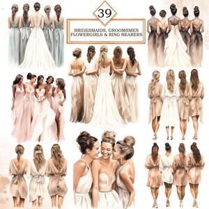 May include: A digital illustration of 39 bridesmaids, groomsmen, flower girls, and ring bearers. The illustration is in a watercolor style and features a variety of poses and hairstyles. The bridesmaids are wearing a variety of dresses in shades of pink, beige, and blue. The groomsmen are wearing suits in shades of gray and black. The flower girls are wearing white dresses with floral accents. The ring bearers are wearing suits in shades of gray and black.