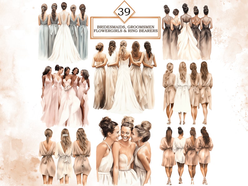 May include: A digital illustration of 39 bridesmaids, groomsmen, flower girls, and ring bearers. The illustration is in a watercolor style and features a variety of poses and hairstyles. The bridesmaids are wearing a variety of dresses in shades of pink, beige, and blue. The groomsmen are wearing suits in shades of gray and black. The flower girls are wearing white dresses with floral accents. The ring bearers are wearing suits in shades of gray and black.