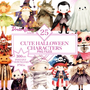 Cute Halloween Characters Clipart Bundle, Halloween PNG, Creepy Cute, Spooky PNG, Ghost PNG, Witch png, Digital Download, Commercial Use