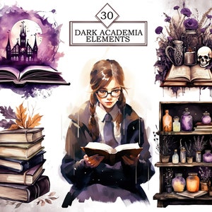 Pode incluir: Um conjunto de 30 elementos de academia escura em ilustra&ccedil;&atilde;o digital. O conjunto inclui uma menina lendo um livro, uma pilha de livros, um livro com um castelo ao fundo, um livro com uma caveira e velas, e uma estante com garrafas e frascos.