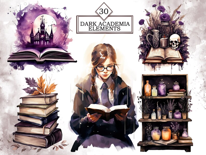 Pode incluir: Um conjunto de 30 elementos de academia escura em ilustra&ccedil;&atilde;o digital. O conjunto inclui uma menina lendo um livro, uma pilha de livros, um livro com um castelo ao fundo, um livro com uma caveira e velas, e uma estante com garrafas e frascos.