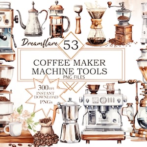 Può includere: Un'illustrazione ad acquerello di 53 strumenti per la caffettiera e la macchina per il caffè, tra cui una caffettiera a goccia, una French Press, una caffettiera a percolazione, un macinacaffè e una caffettiera a filtro. L'illustrazione è in stile vintage e presenta una varietà di colori, tra cui il marrone, l'oro e il bianco.