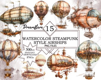 Pacchetto di clipart dirigibile Steampunk acquerello, clipart Steampunk, dirigibile PNG, diario spazzatura, scrapbooking, uso commerciale, download digitale