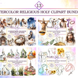 366 Watercolor Religious Holy Clipart Mega Bundle, Christian PNG, Catholic PNG, Religious PNG, Nativity Scene, Holy Week, Commercial Use 画像 2